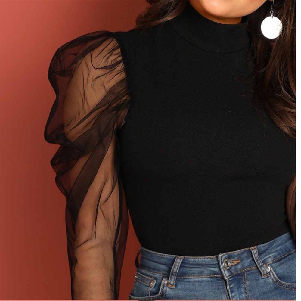 New! Mock Neck Puff Mesh Sleeve Bodysuit In Black - Picture 6 of 8